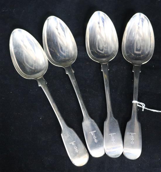 A set of four George IV silver fiddle pattern tablespoons, crested, London 1835, Joseph & Albert Savory, 10.3oz